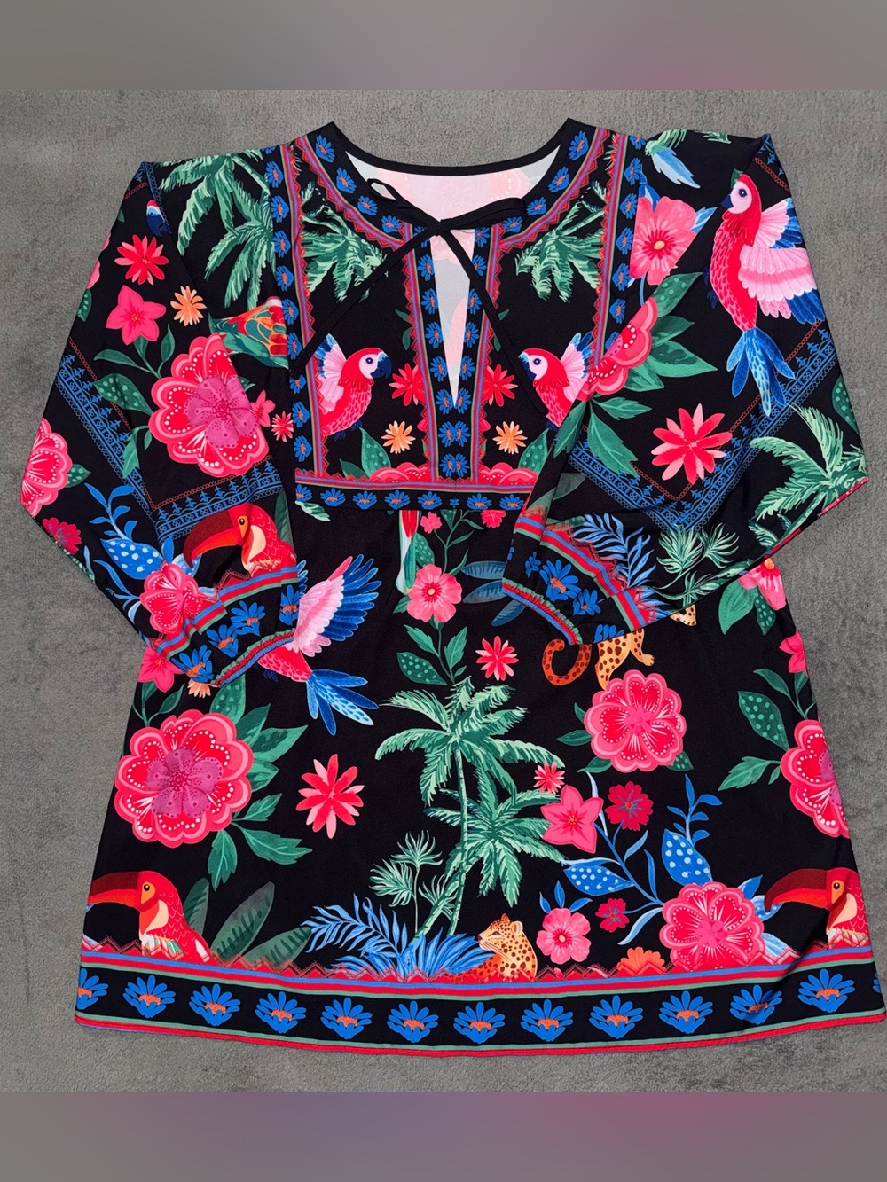 SHEIN Curve 0XL Tropical Floral Bird Print Long Sleeve Dress - Picture 1 of 6
